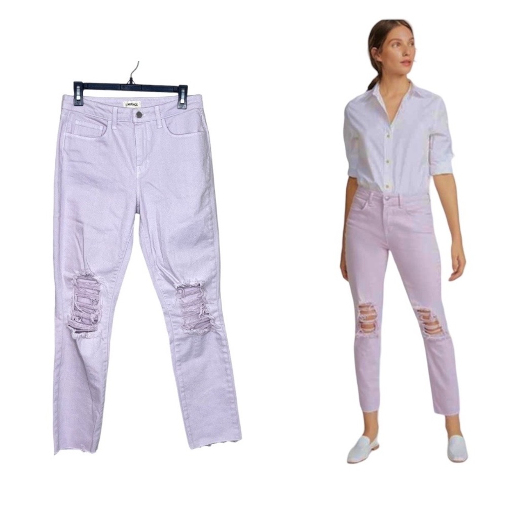 L’Agence Luna Straight High Rise Distressed Jeans in Violet Destruct size 27